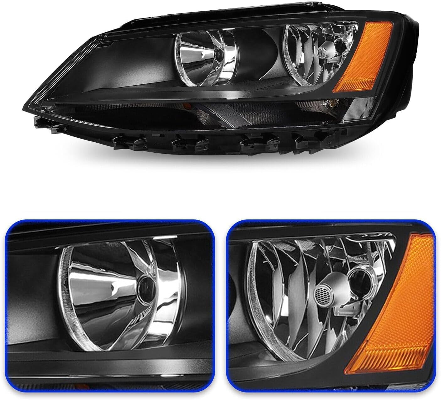 Headlights Assembly Black Housing Compatible with 2011-2018 Volkswagen Jetta MK6 Sedan & Hatchback without DRL, Halogen Headlamp Driver & Passenger Side