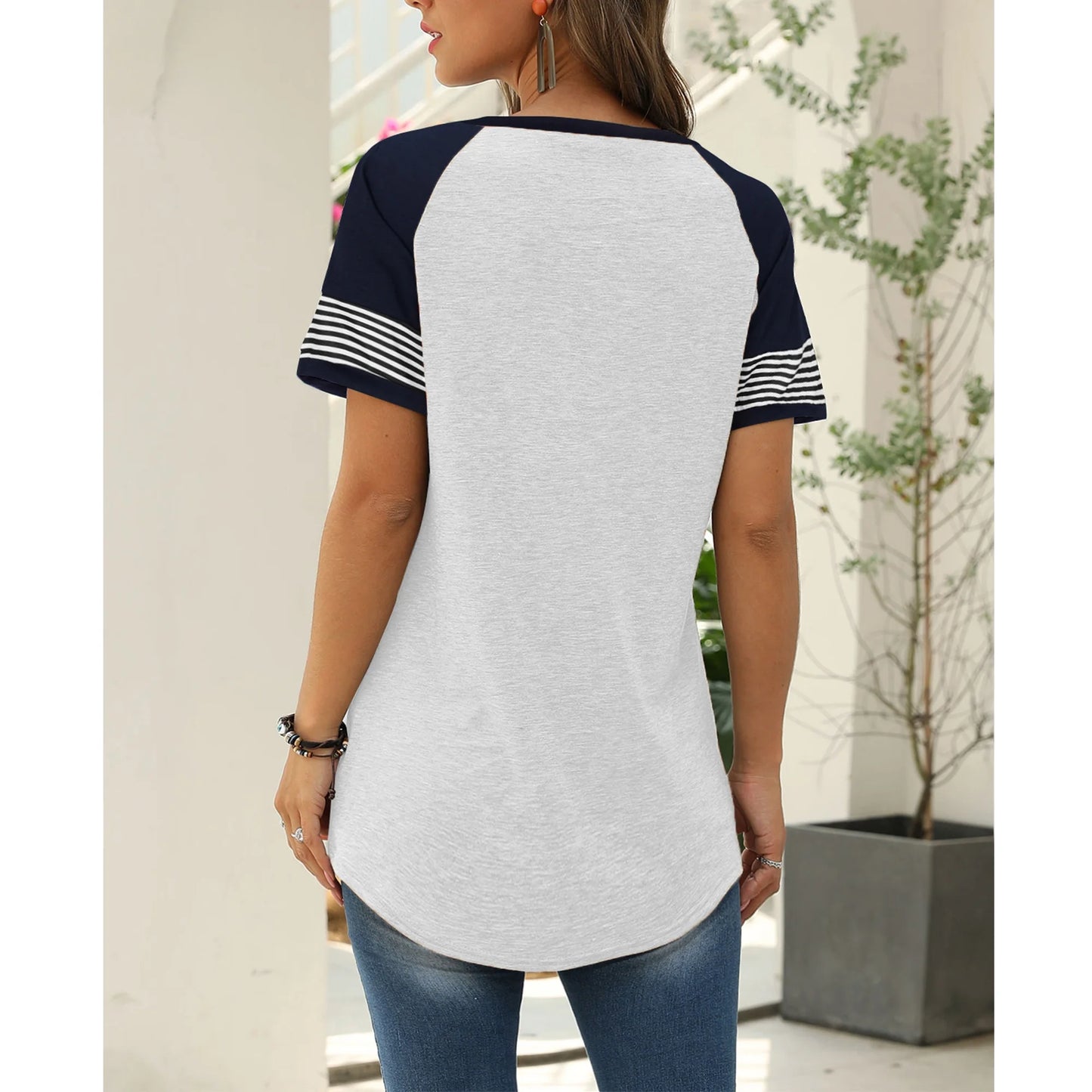 Summer Short Sleeve Tops for Women Color Block Casual Tunic Crew Neck Cute Striped T Shirts White Tees