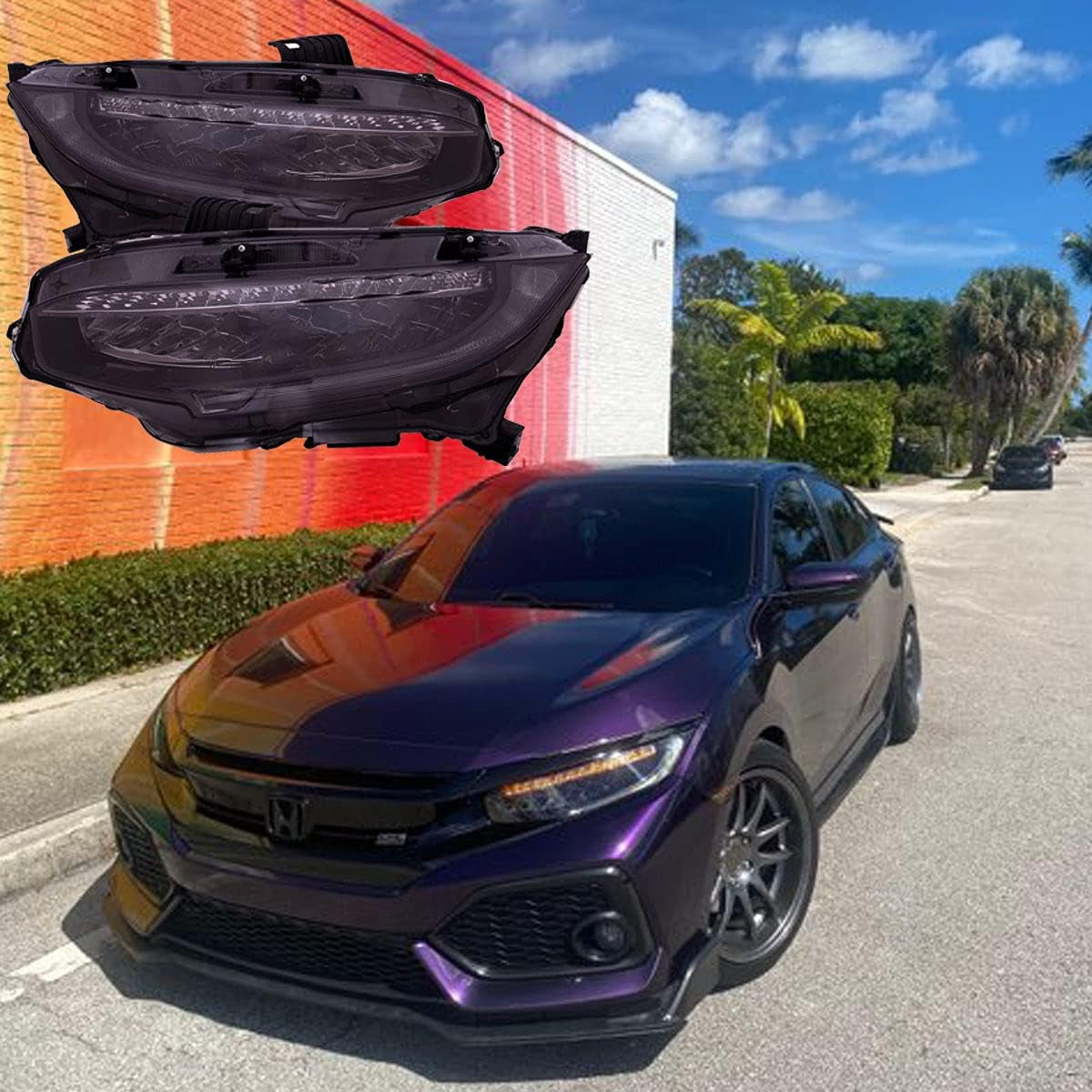 Headlights Set LED Headlights with Smoked Lens Compatible with Honda Civic 16-21 Type R