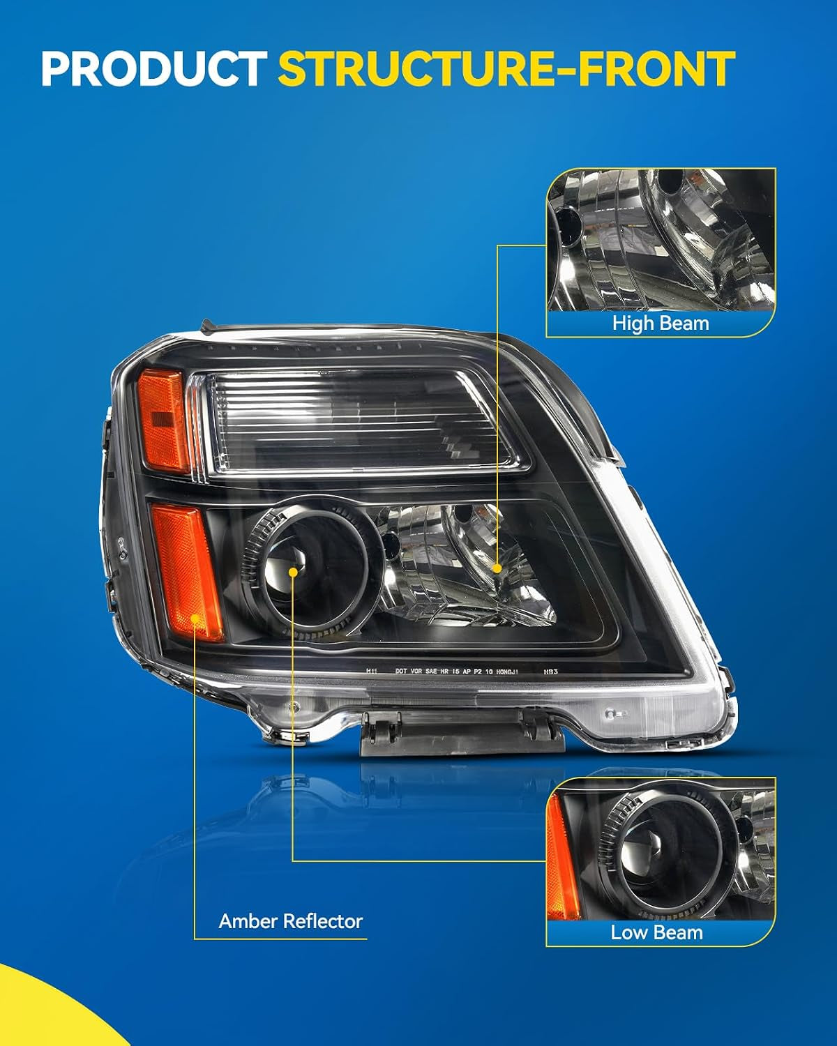Headlights Assembly for 2010 2011 2012 2013 2014 2015 GMC Terrain | Black Housing Clear Lens Amber Reflector,Pair OE Style Halogen Headlamps (Driver & Passenger Side)