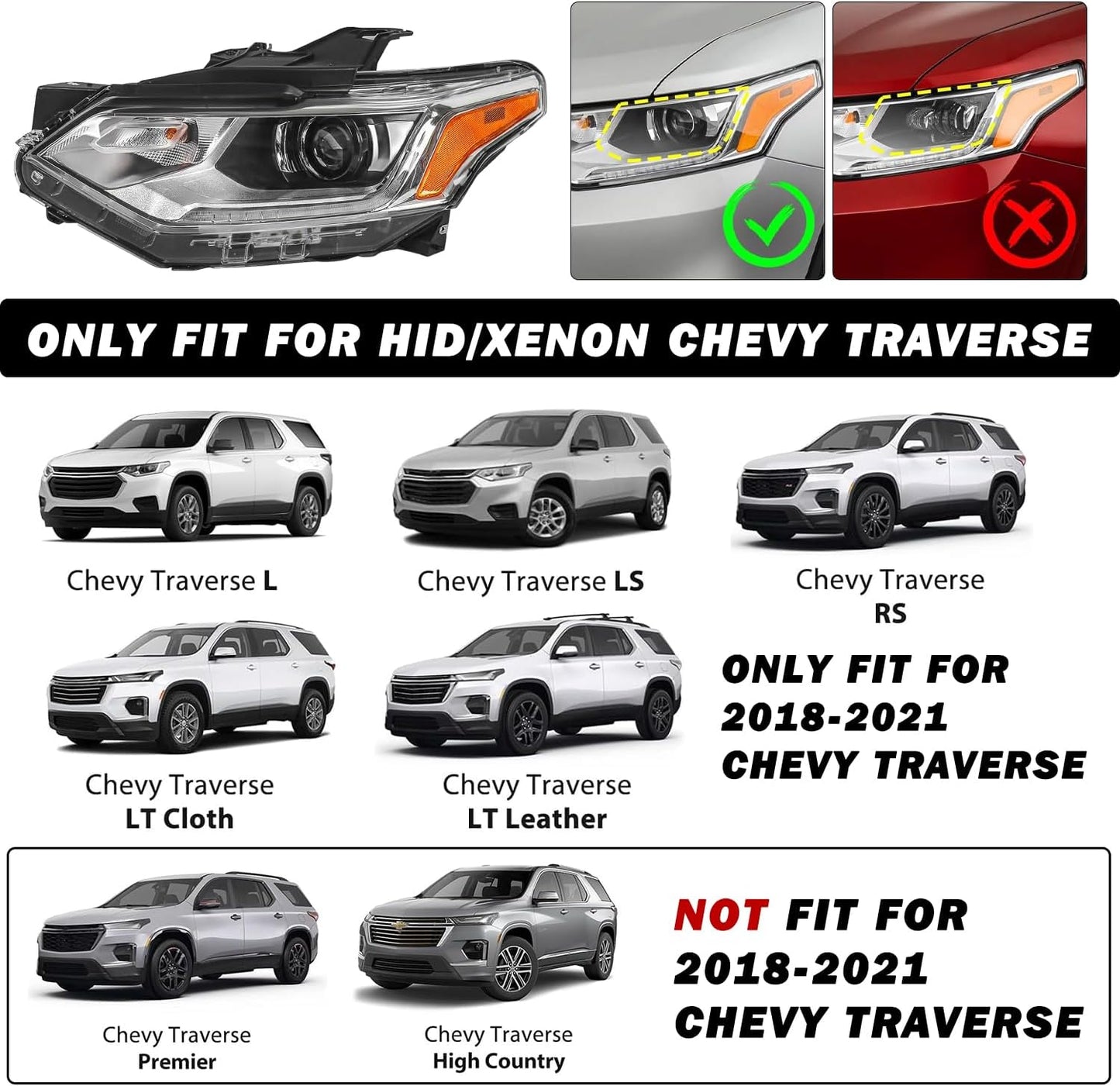 Fits for [Hid/Xenon Model] 2018-2021 Chevy Traverse LED DRL Projector Headlight Assembly OE Style Factory Headlights Driver Left + Passenger Right Side No Fog Headlamps
