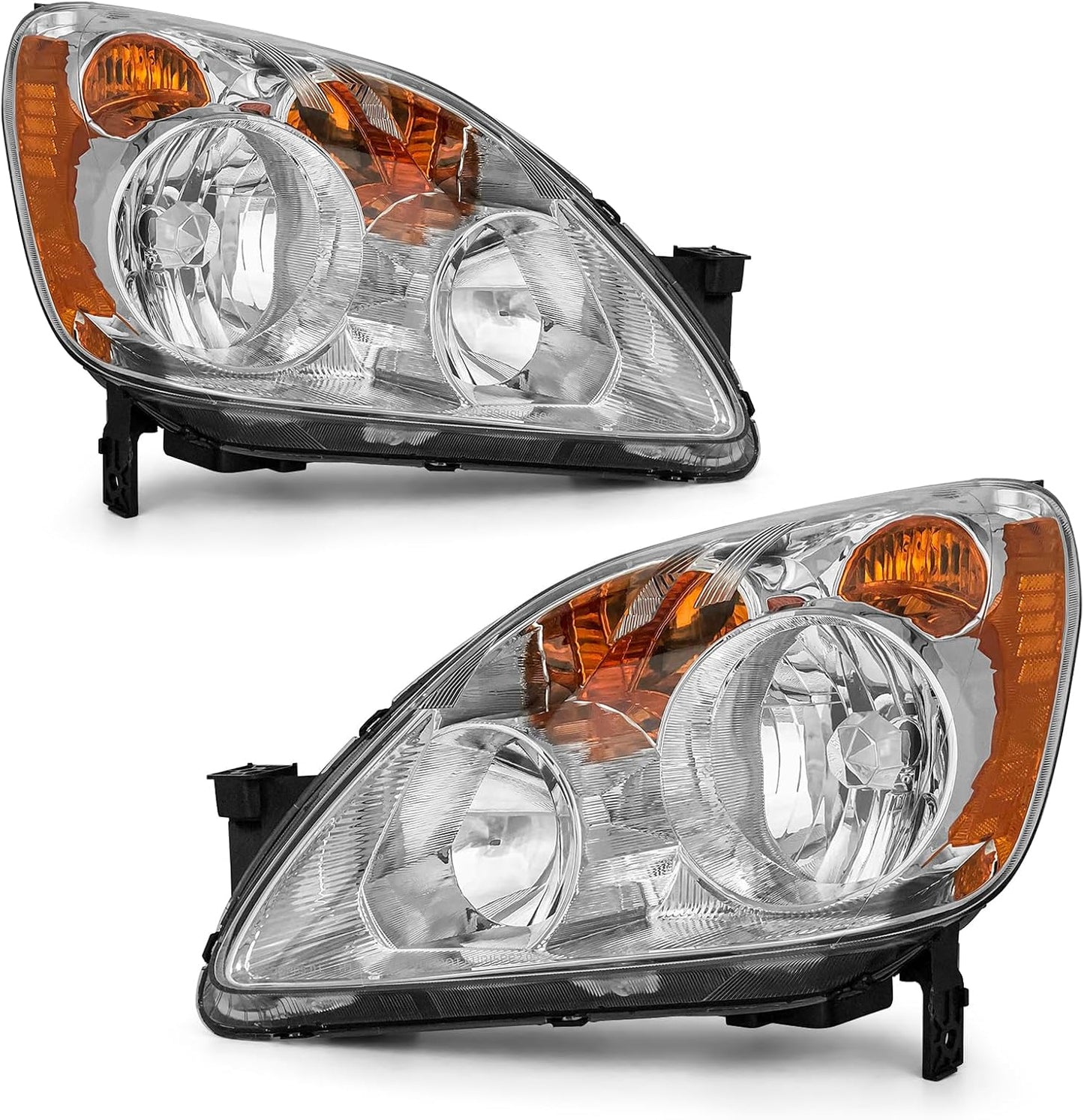 Headlight Compatible with 2005 2006 Honda CRV Headlamp Chrome Housing Amber Reflector Replacement Pair（W/O Bulbs）