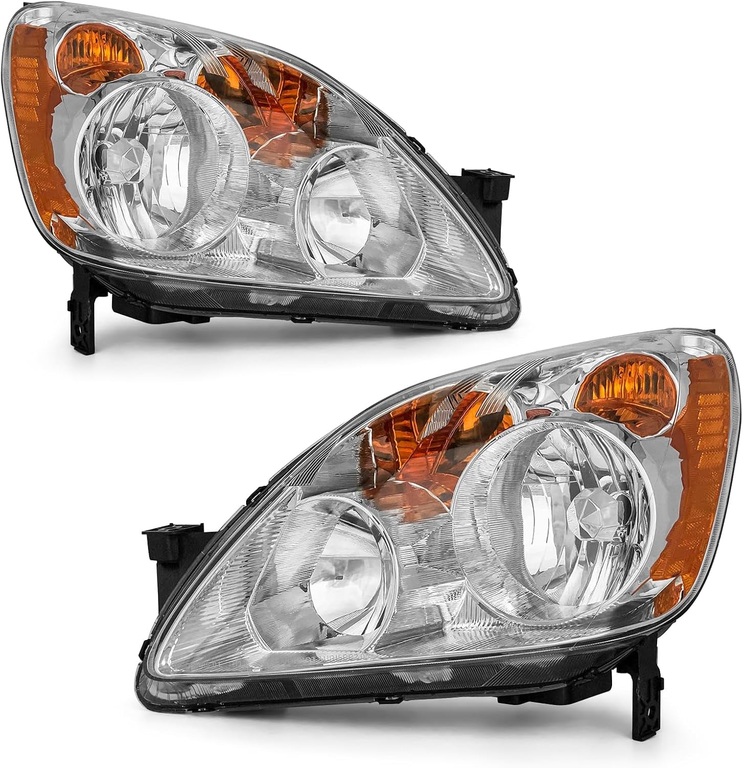 Headlight Compatible with 2005 2006 Honda CRV Headlamp Chrome Housing Amber Reflector Replacement Pair（W/O Bulbs）
