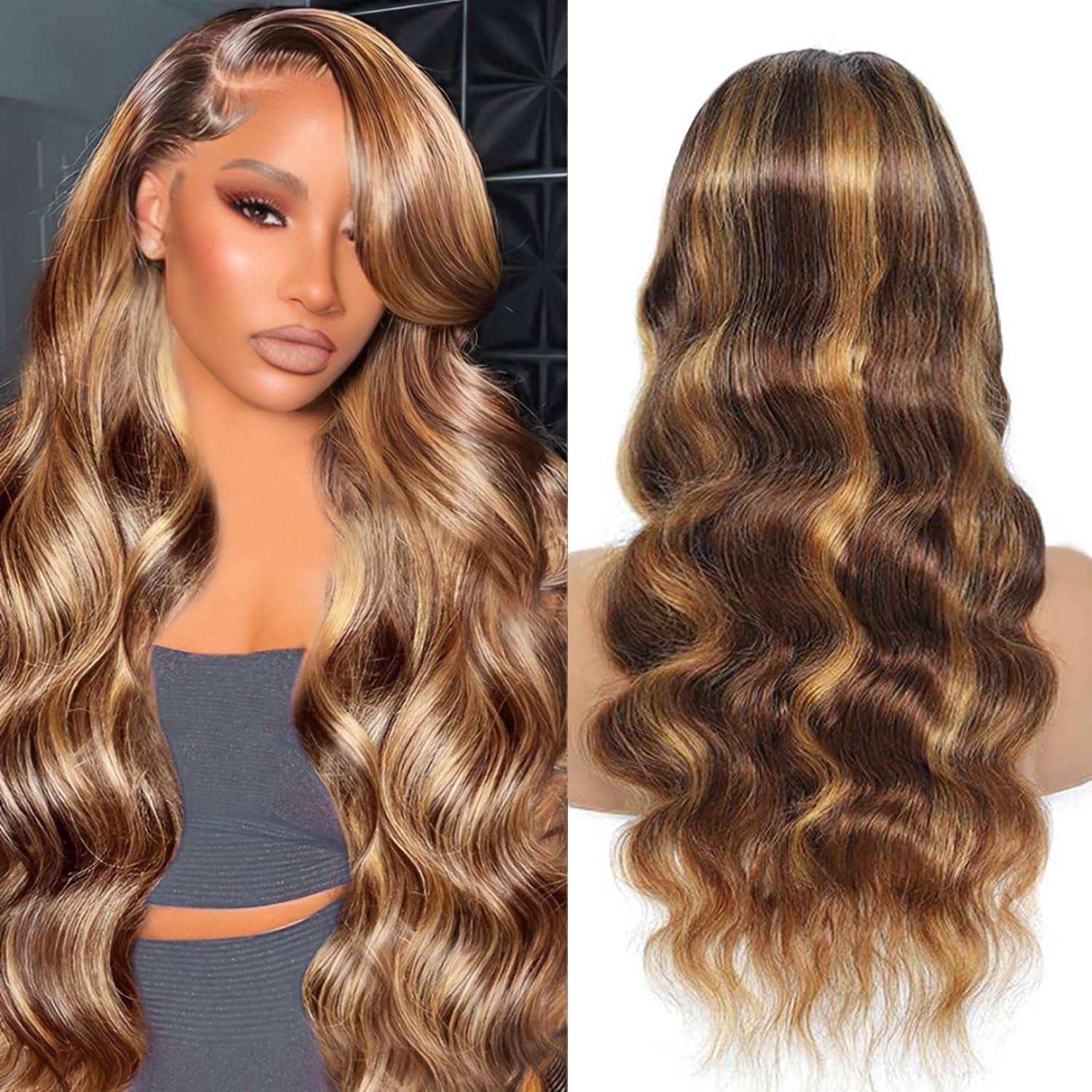 Ombre Lace Front Wig Human Hair 4/27 13X4 HD Body Wave Highlight Lace Front Wig Human Hair Pre Plucked with Baby Hair 24Inch Glueless Lace Front Wigs 180% Density