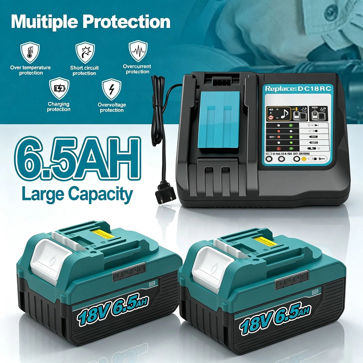 2PACK 18V For Makita 6.5Ah Lithium-Ion LXT Battery BL1830 BL1850 with Charger