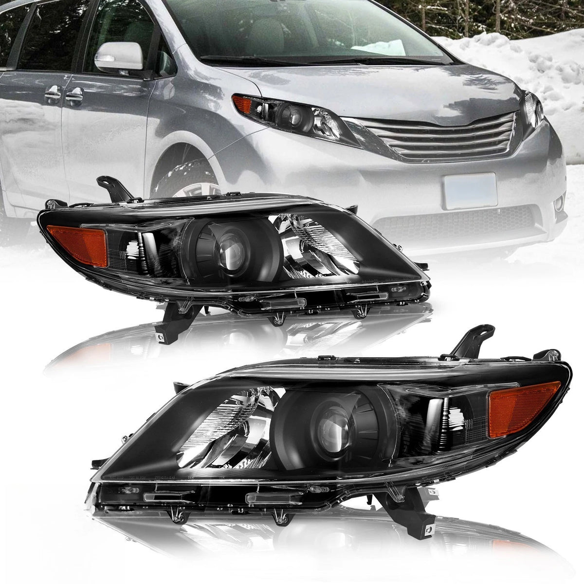 For 2011-2020 Toyota Sienna Halogen Projector Black Amber Headlights Lamps Pair
