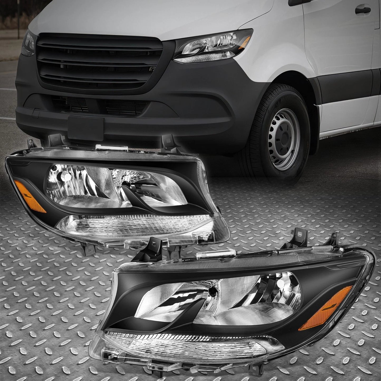Pair Left + Right Black Amber Halogen Headlight Lamps for Mercedes Sprinter W907