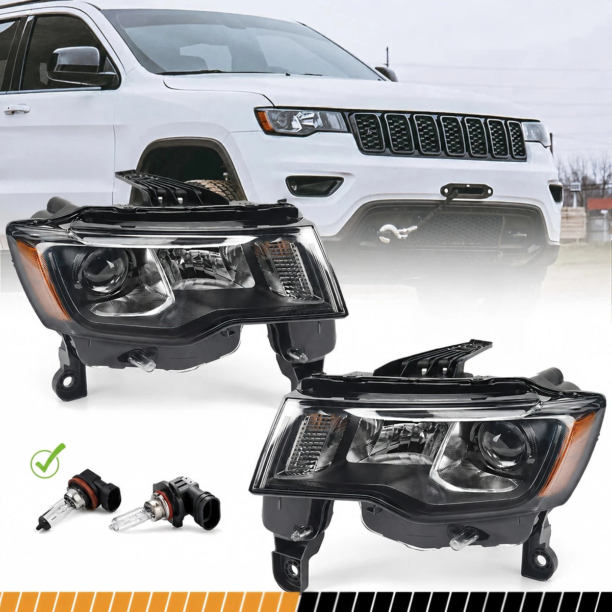 For 2017-2021 Jeep Grand Cherokee Halogen Projector Headlight Black Left+Right