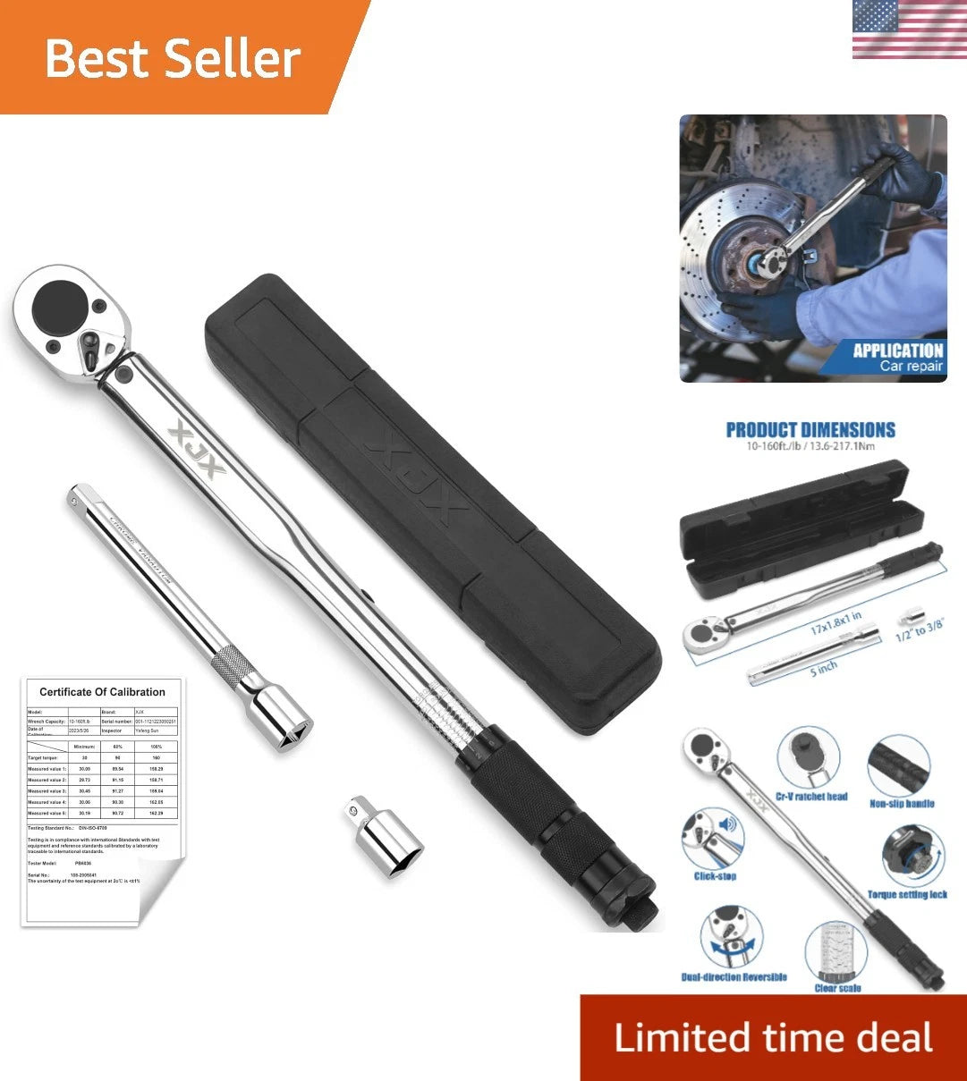 Durable 1/2-Inch Torque Wrench Set with Calibration Certificate and Accessories