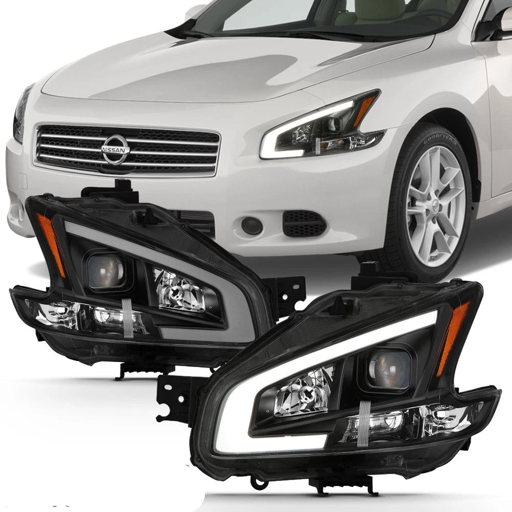 Black For 2009-2014 Maxima Square Projector Headlights w/DRL LED Light Tube sets