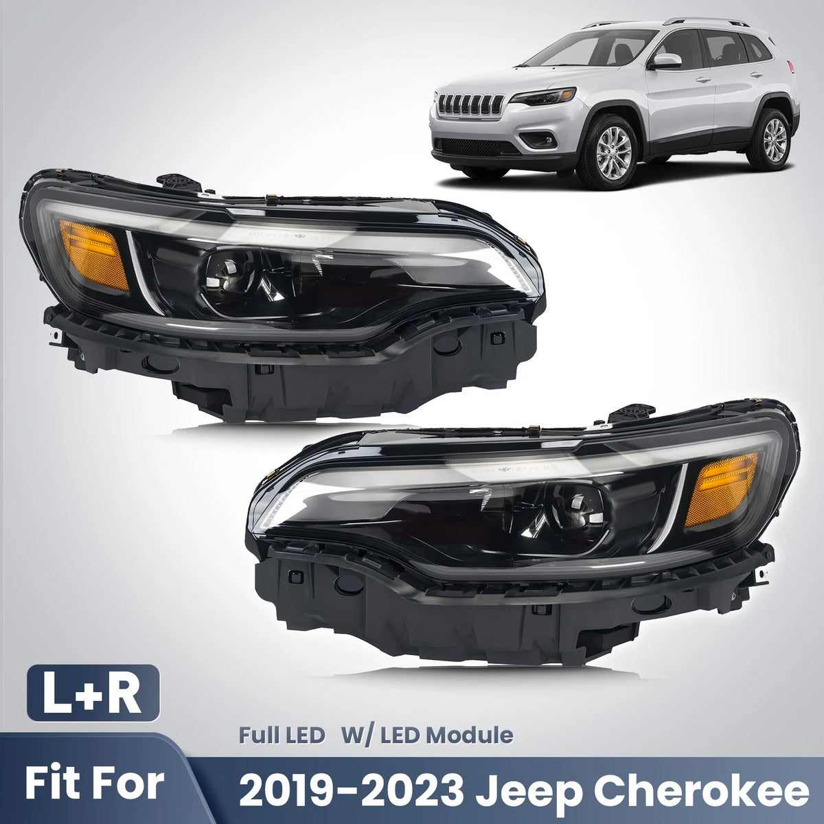 For 2019-2023 Jeep Cherokee Full LED Headlights w/Bulb w/Module Left&Right Pair
