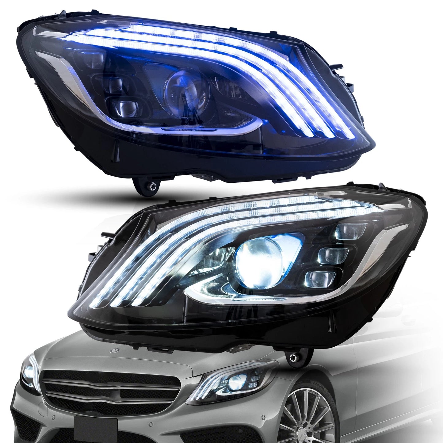 LED Headlights For 2015-2020 Mercedes Benz C-Class W205 Blue DRL Set