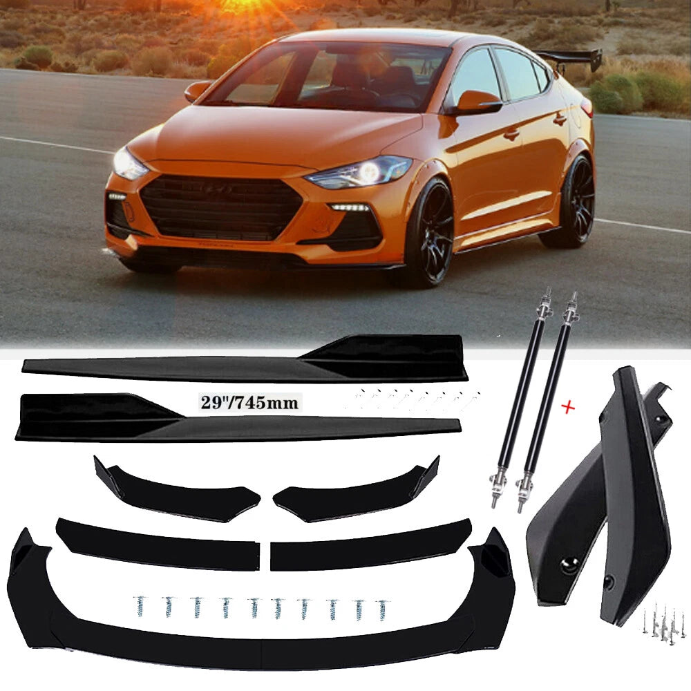 For Hyundai Elantra Black Front Bumper Lip Spoiler Splitter+Side Skirt+Rear Lip