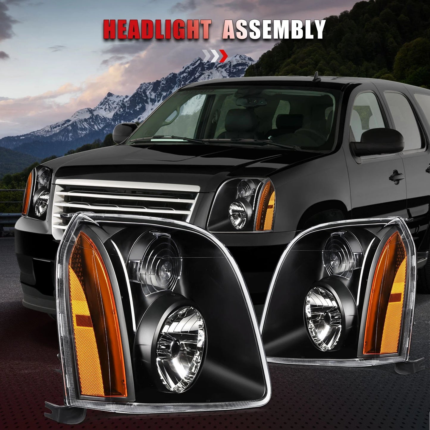 Headlight Assembly Pair For GMC Yukon XL 1500 2500 2007-2014 Black Housing