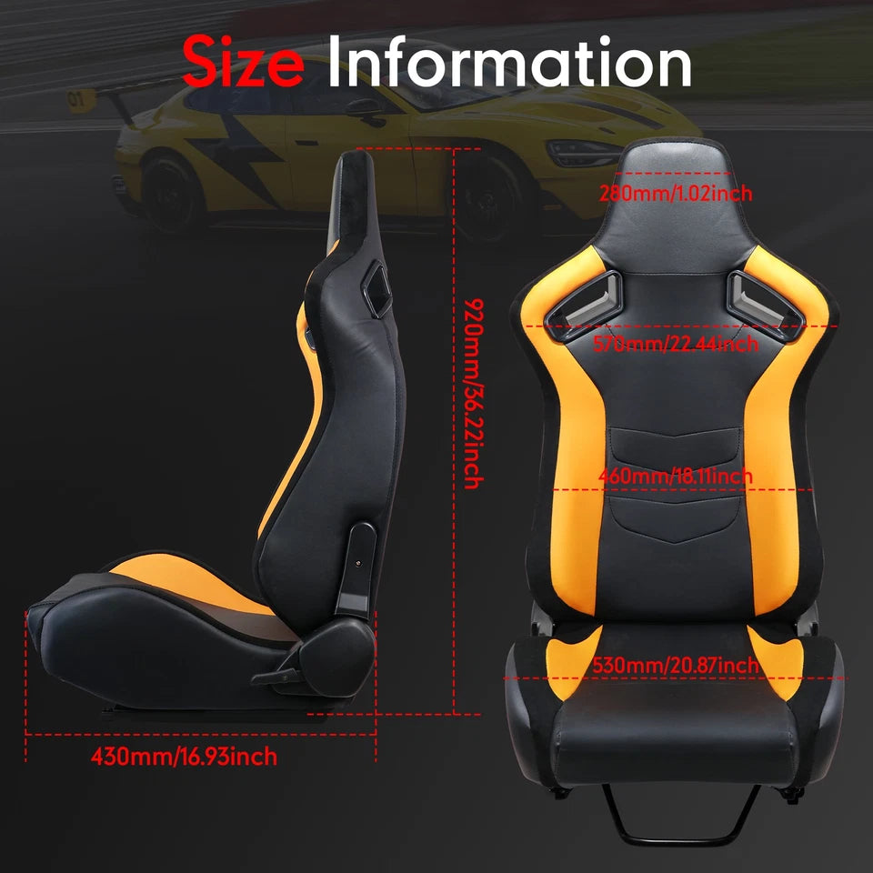 2Pcs Universal Racing Seat Black Yellow Adjustable Sport Seat with Dual Sliders