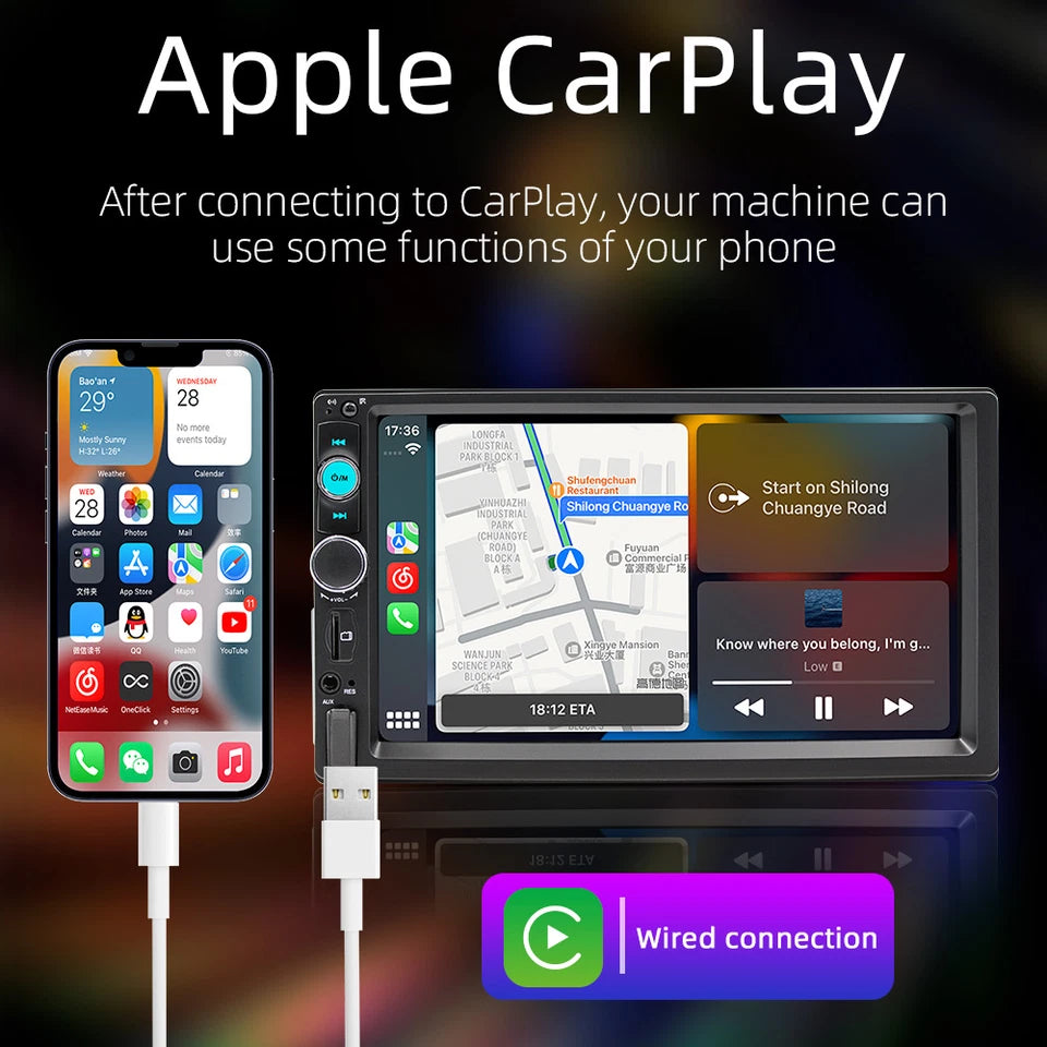 Single 1Din 7" Touch Screen Stereo Bluetooth Radio Car Apple/Android Carplay GPS