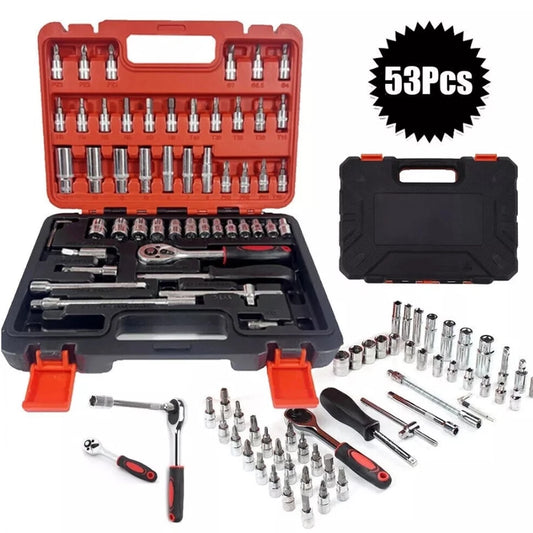 Mechanics Tool Set and Ratchet Socket Set 1/4in 3/8in Drive 53 Pc Metric W/Case