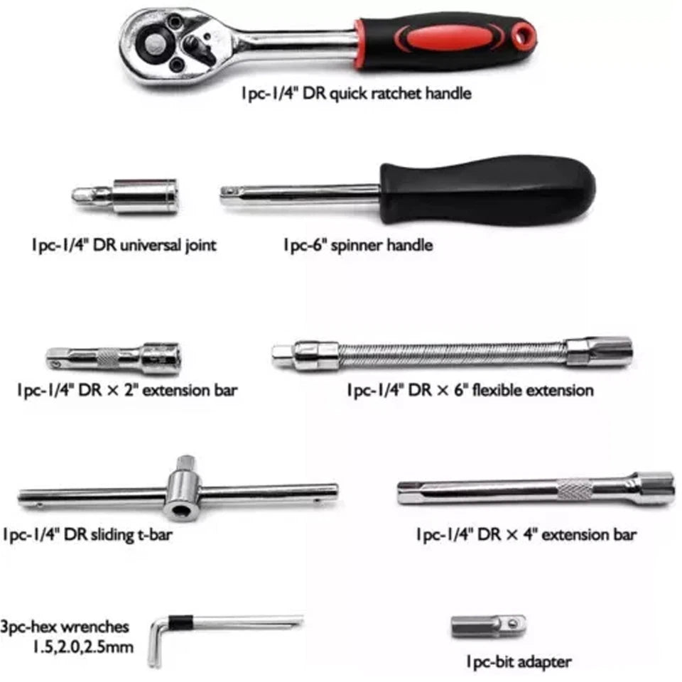 Mechanics Tool Set and Ratchet Socket Set 1/4in 3/8in Drive 53 Pc Metric W/Case