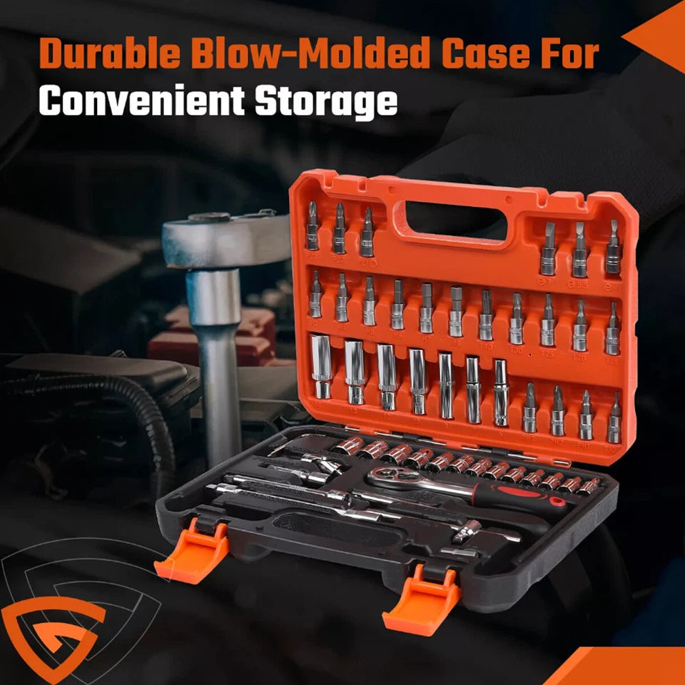 Mechanics Tool Set and Ratchet Socket Set 1/4in 3/8in Drive 53 Pc Metric W/Case