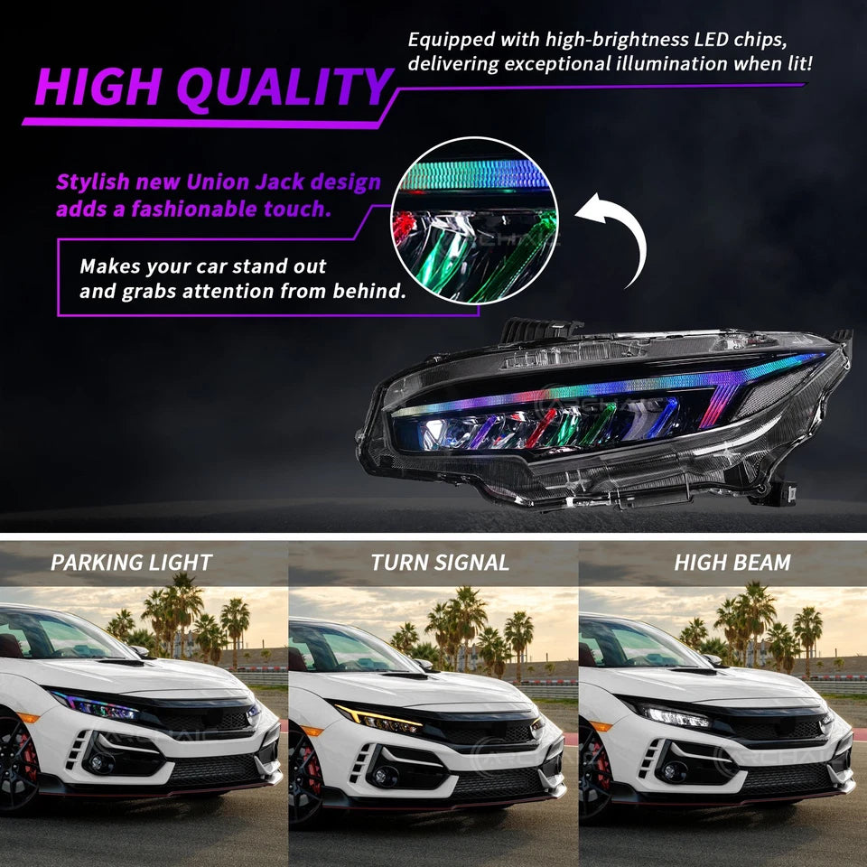 Sequential RGB LED Headlights For 2016-21 Honda Civic Sedan/Coupe/Hatchback,pair
