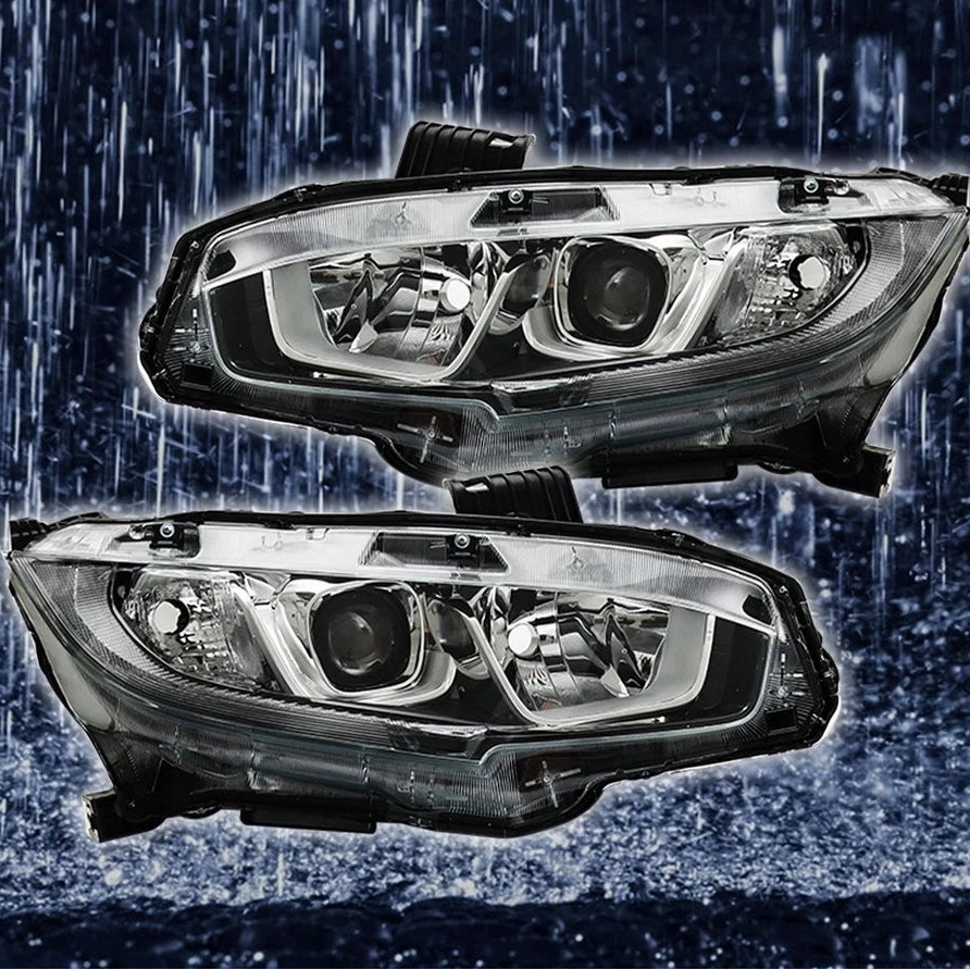 Pair For Honda Civic 2016-2020 Halogen W/LED DRL Headlights Assy Chrome Housing
