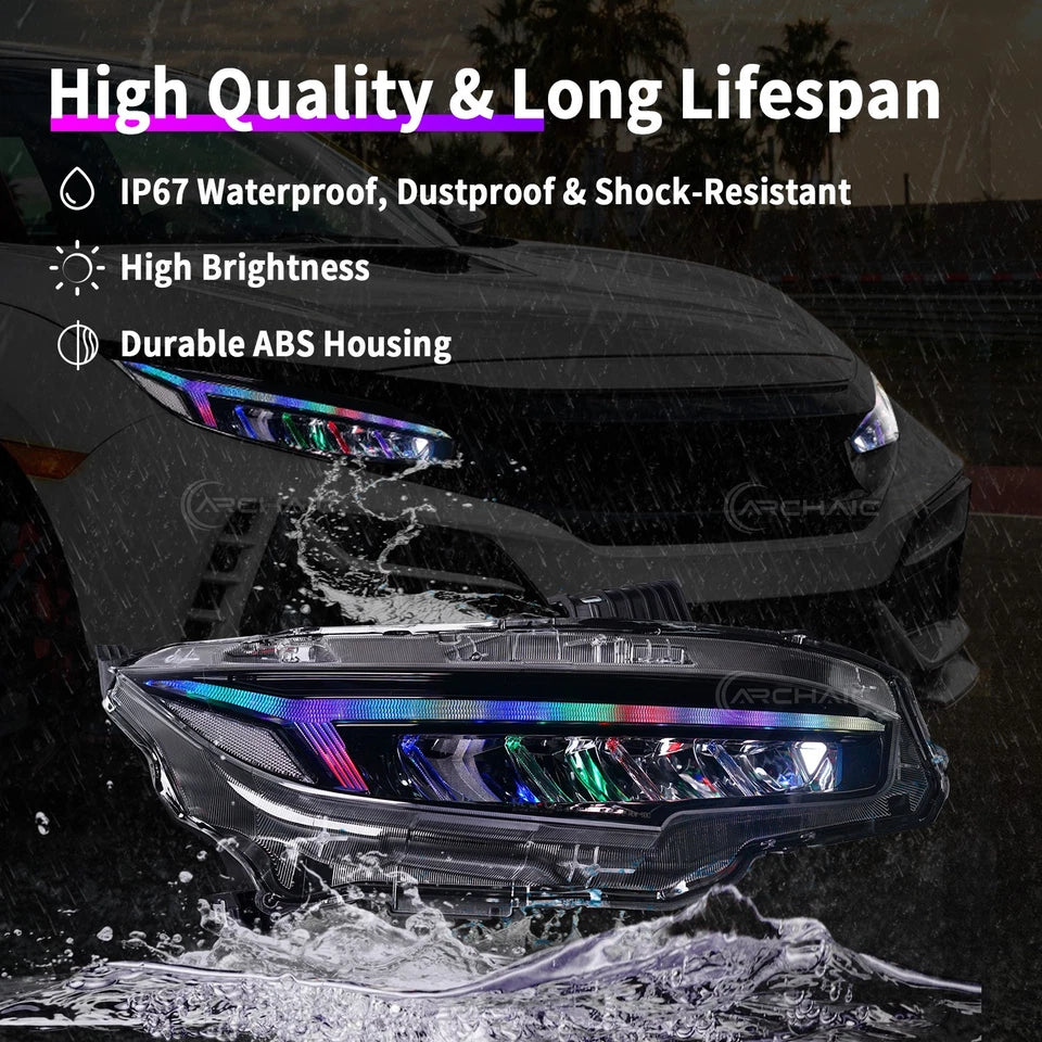 Sequential RGB LED Headlights For 2016-21 Honda Civic Sedan/Coupe/Hatchback,pair