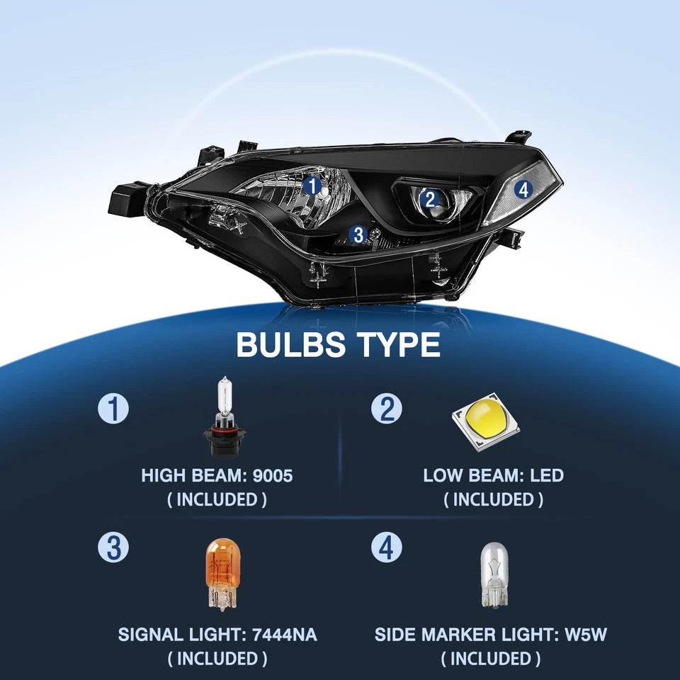Black Headlights For 2014 2015 2016 Toyota Corolla C L LE Headlamps 14-16 w/Bulb