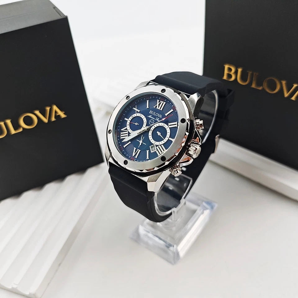 Bulova Marine Star 98B258 Blue Dial Black Rubber Strap Quartz Men's 44mm Watch