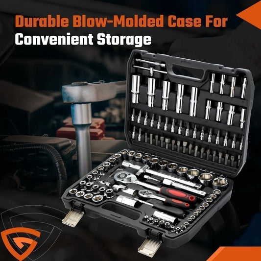 108Pcs Mechanics Tools - Kit 6-Point Socket Ratchet Wrench Set Repair Tool Case