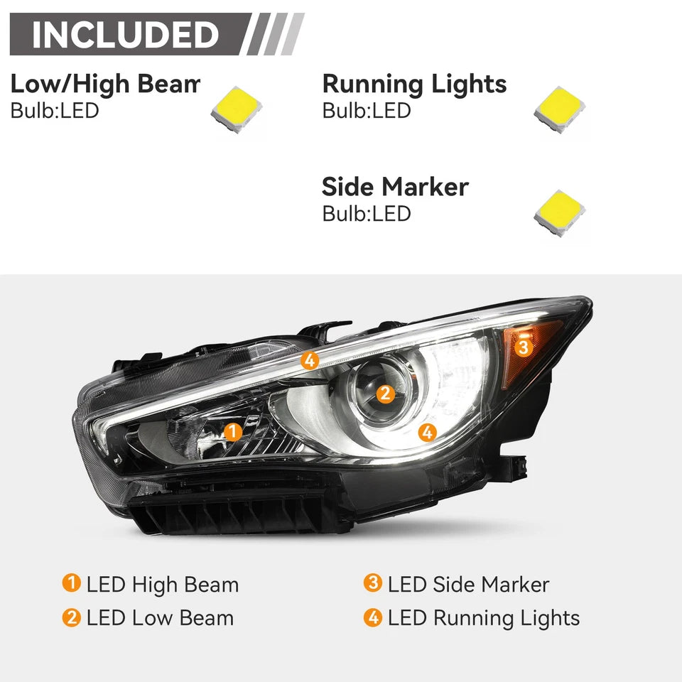 For 2014-2022 Infiniti Q50 LED Headlight w/o AFS Chrome w/LED DRL Driver Side