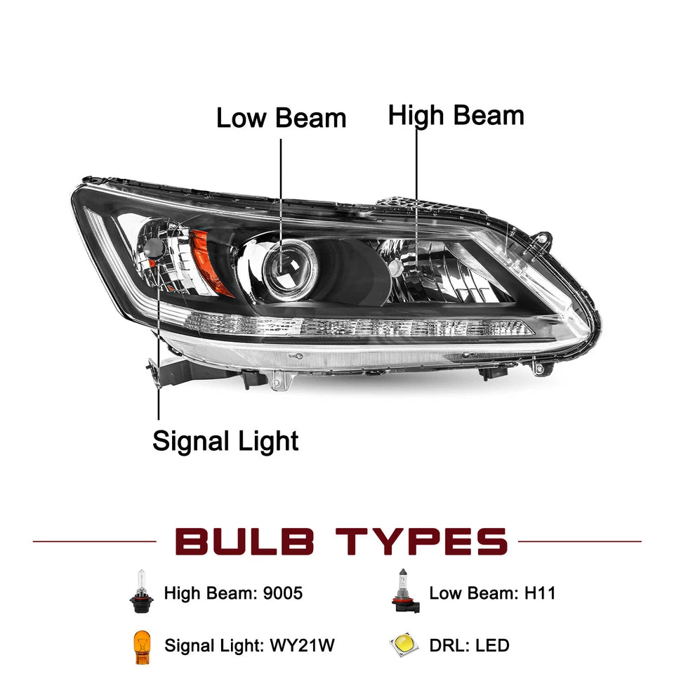For 2013-2015 Honda Accord Sedan w/ LED DRL Projector Halogen Headlights Pair