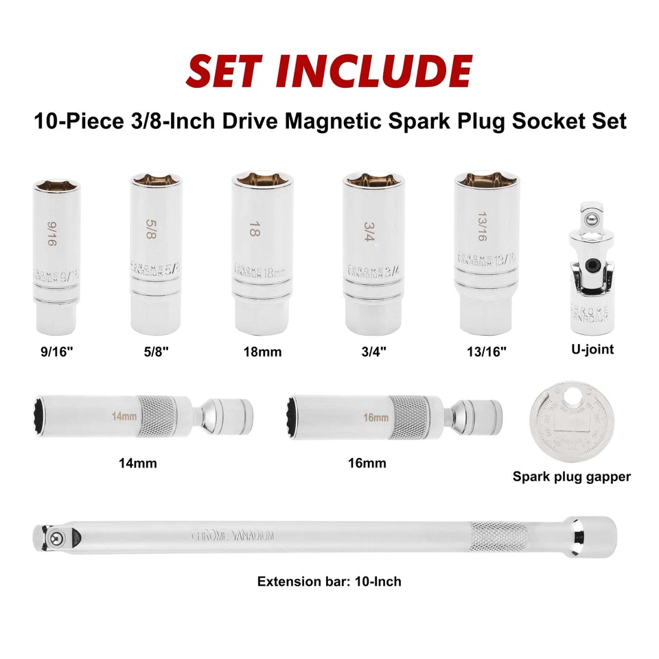 10PCS 3/8"Drive Magnetic Spark Plug Socket Set 6PT&12PT Extension Bar CR-V Steel
