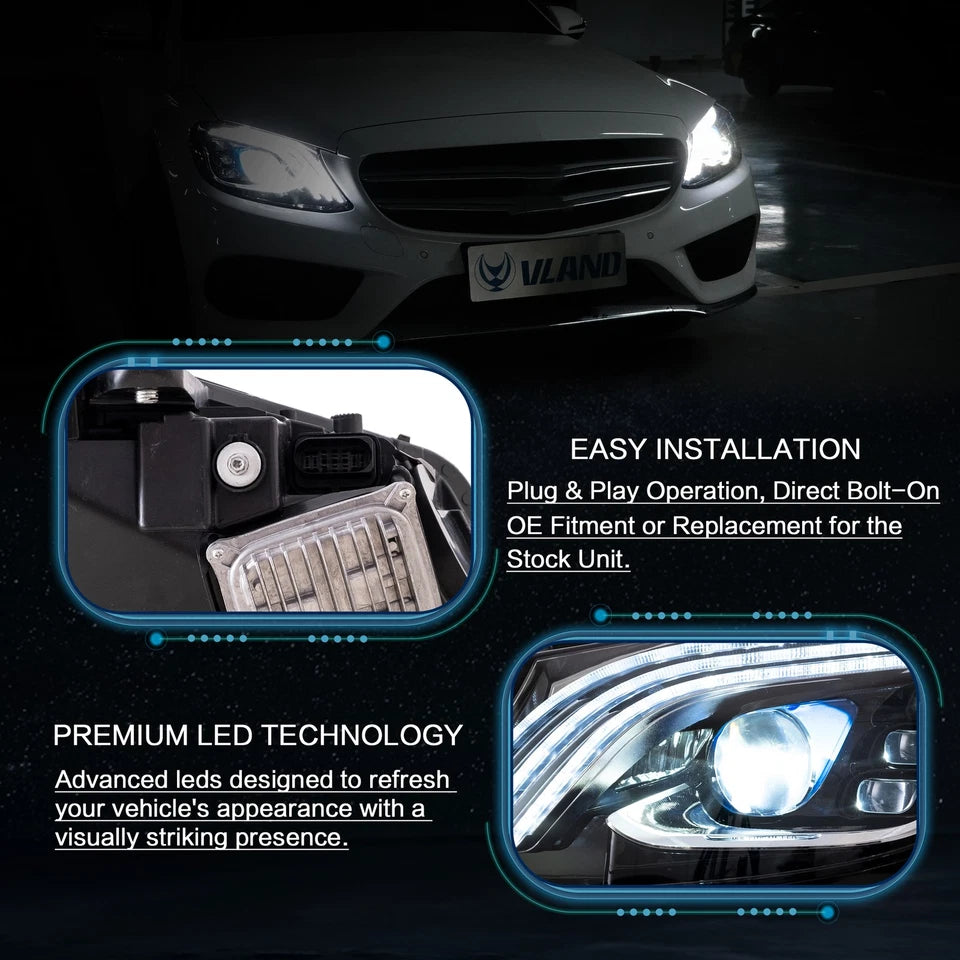 LED Headlights For 2015-2020 Mercedes Benz C-Class W205 Blue DRL Set
