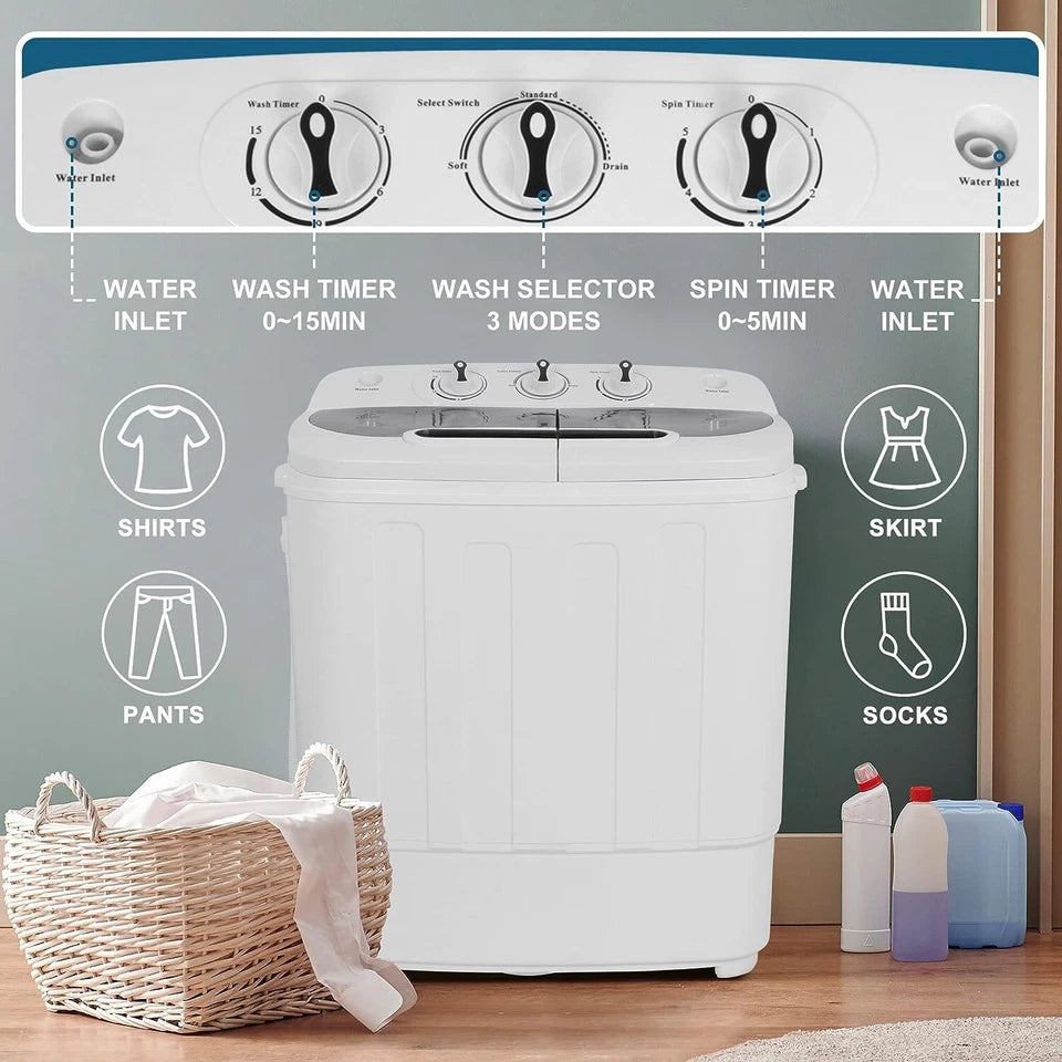 Portable Washing Machine Mini Twin Tub 13lbs Laundry Compact Washer and Dryer