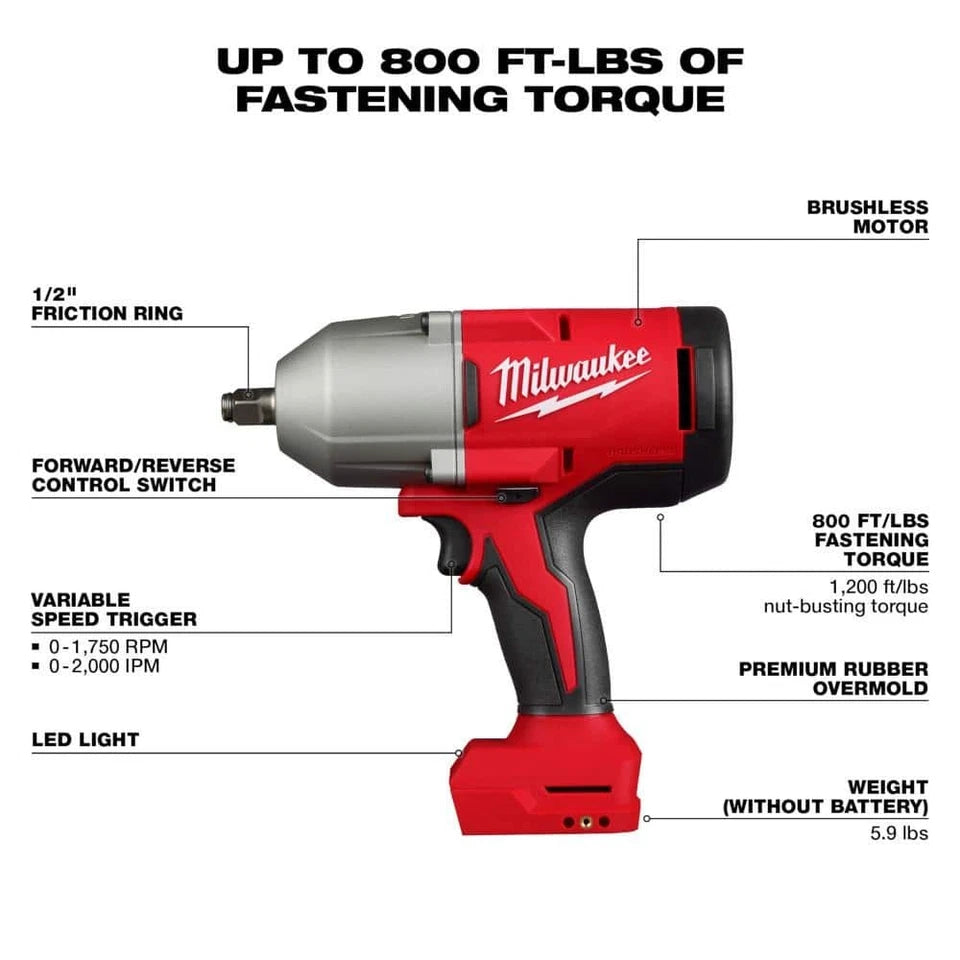 Milwaukee M18 18V Lithium-Ion Brushless 1/2 in. Torque Impact Wrench w/ Ring