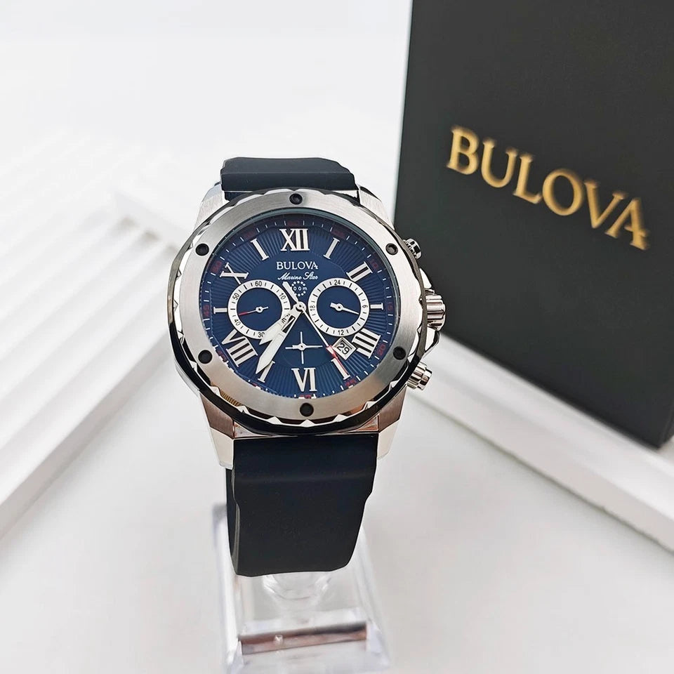 Bulova Marine Star 98B258 Blue Dial Black Rubber Strap Quartz Men's 44mm Watch
