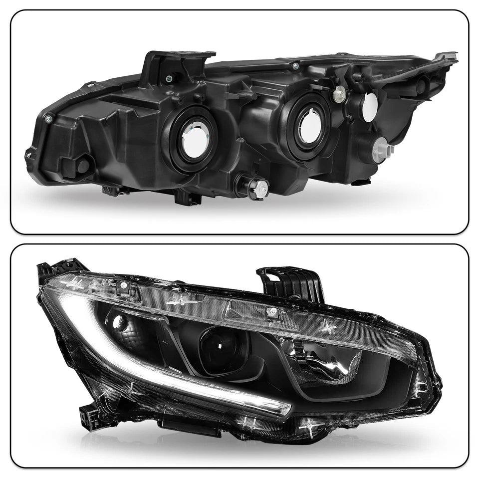 For 2016-2021 Honda Civic LED DRL Black Projector Headlights Assembly Lamps Pair