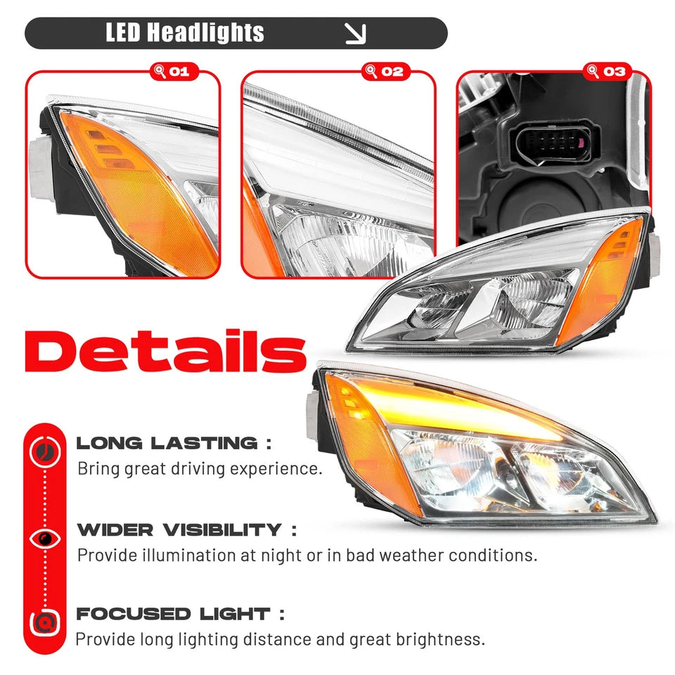 For Freightliner Cascadia 2018-2025 2022 23 Full LED Chrome Headlights Headlamps