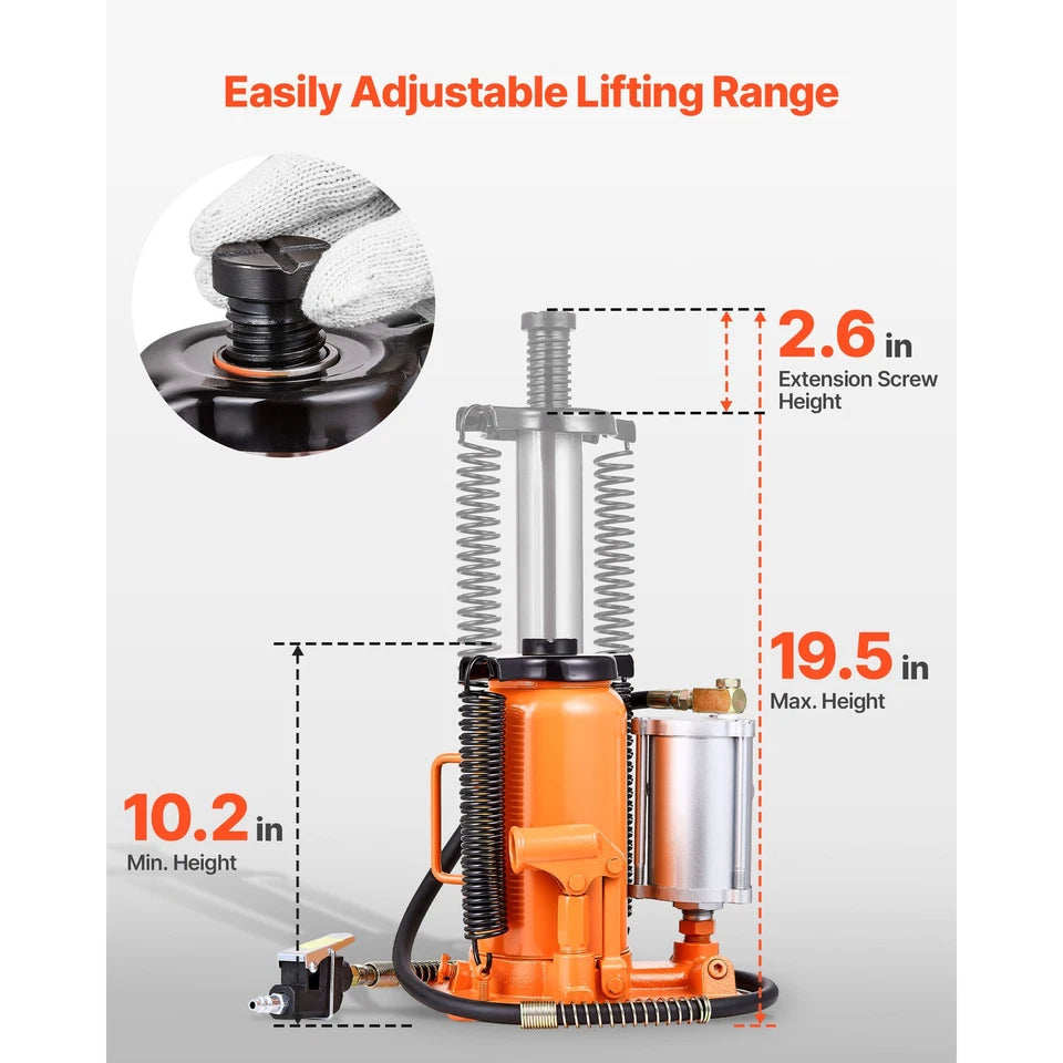 Air Hydraulic Bottle Jack 20 Ton (44092 lb) for Vehicle Maintenance