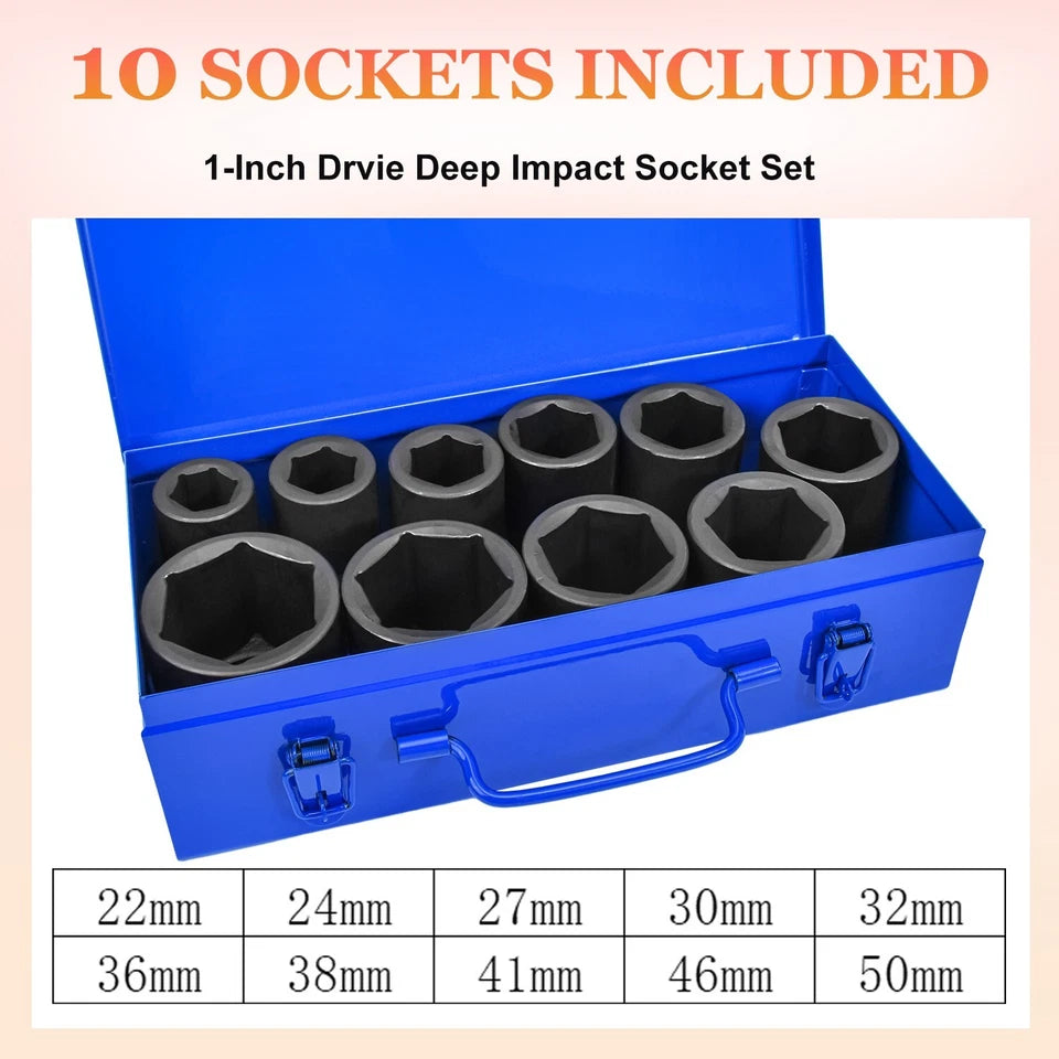 10PC 1" ONE INCH DRIVE DR DEEP BIG SIZE BLACK AIR IMPACT SOCKET WRENCH TOOL SET