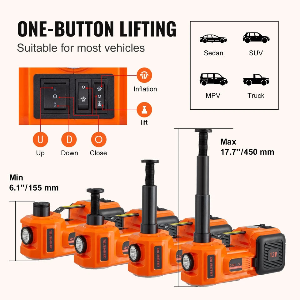 Electric Car Jack w/Tire Inflator Pump 5 Ton 12V Hydraulic Car Floor Jack Kit