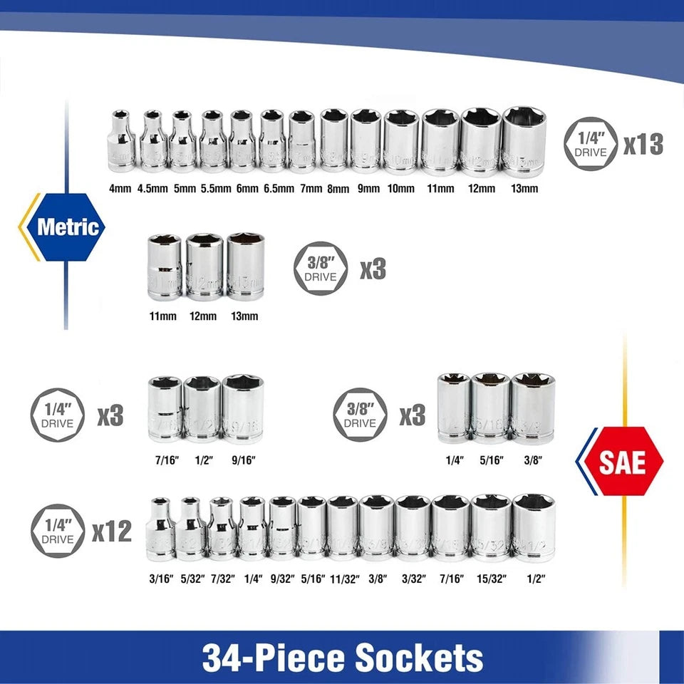 WORKPRO 39PCS Drive Socket Set 1/4" 3/8" Socket Wrench Set Metric SAE With Case