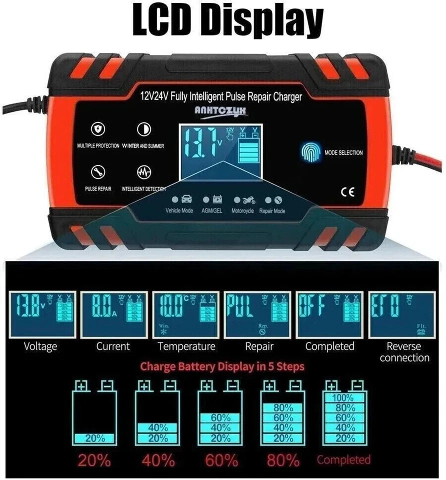Car Battery Charger Heavy Duty 12V/24V Smart Automatic Intelligent Pulse Repair