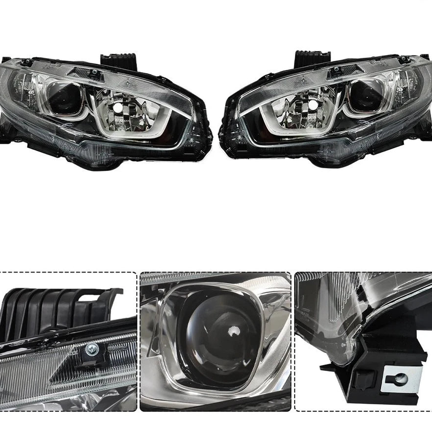 Pair For Honda Civic 2016-2020 Halogen W/LED DRL Headlights Assy Chrome Housing