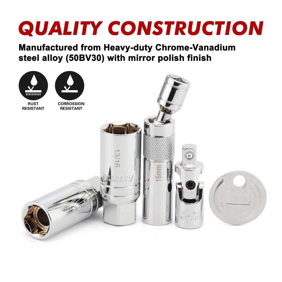 10PCS 3/8"Drive Magnetic Spark Plug Socket Set 6PT&12PT Extension Bar CR-V Steel