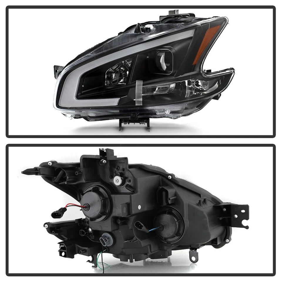 Black For 2009-2014 Maxima Square Projector Headlights w/DRL LED Light Tube sets
