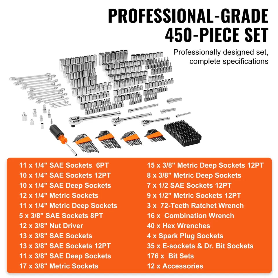 Mechanics Tool Set and Socket Set 1/4in 3/8in 1/2 in Drive Sockets 450Pcs