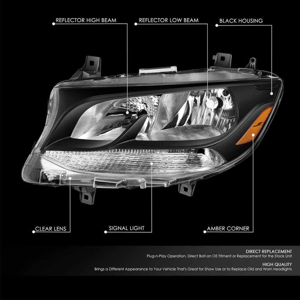 Pair Left + Right Black Amber Halogen Headlight Lamps for Mercedes Sprinter W907