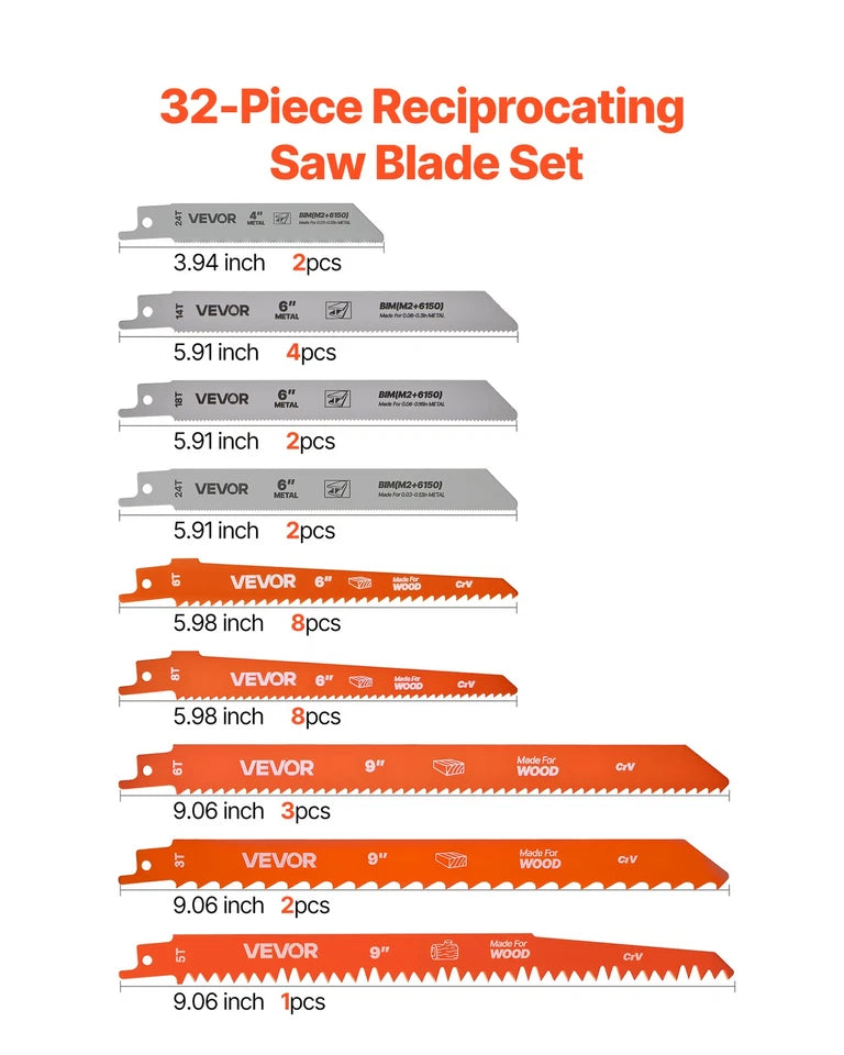 Reciprocating Saw Blades 32-Piece Bi-Metal for Cutting Metal and Wood