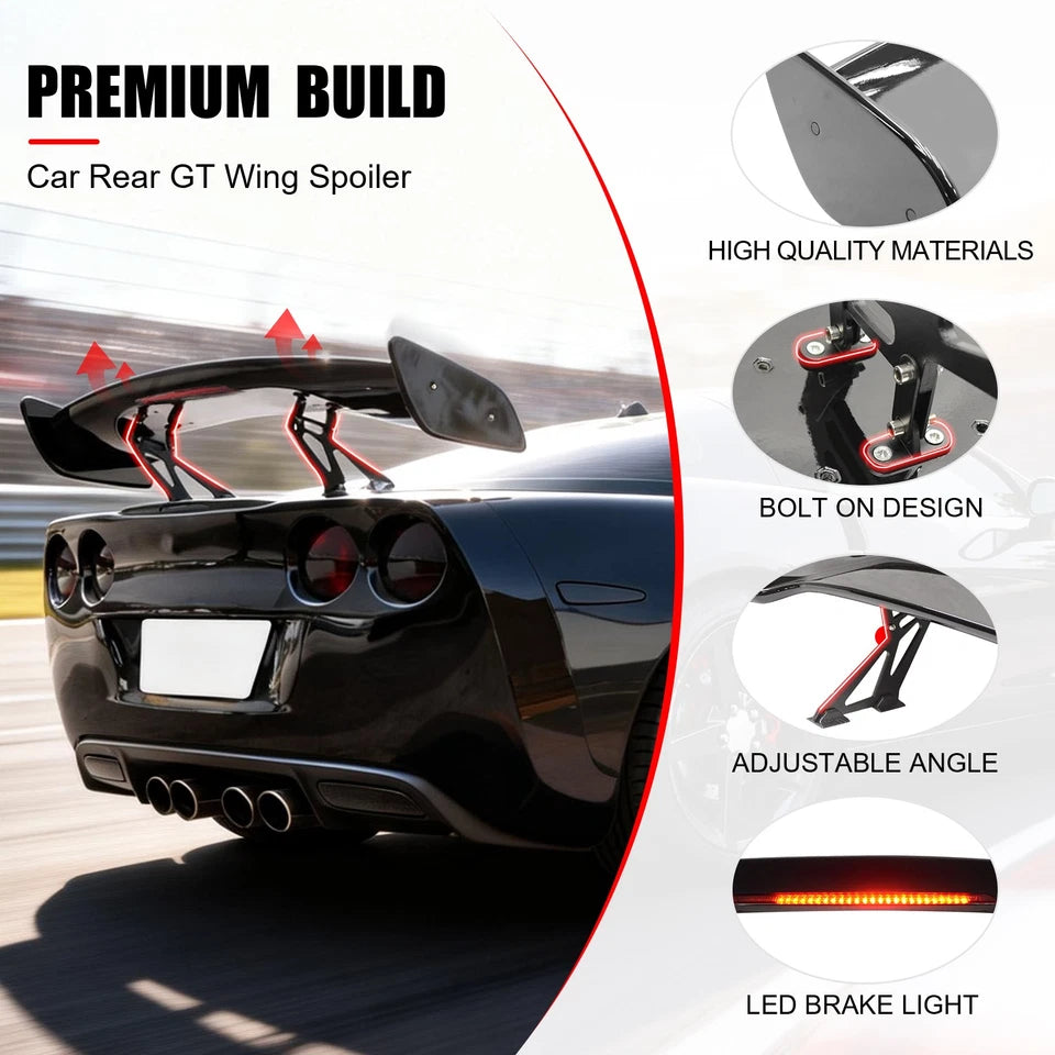 Universal 57" Inch GT Rear Trunk Spoiler Wing & LED Brake Light Gloss Black ABS